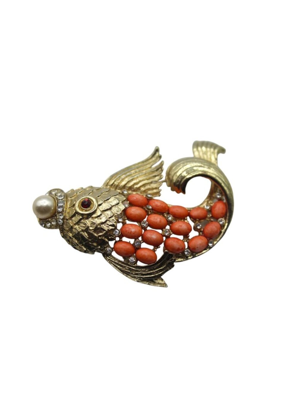 Vintage Gold Tone Koi Fish Brooch Crystal Cabachon Pearl Figural